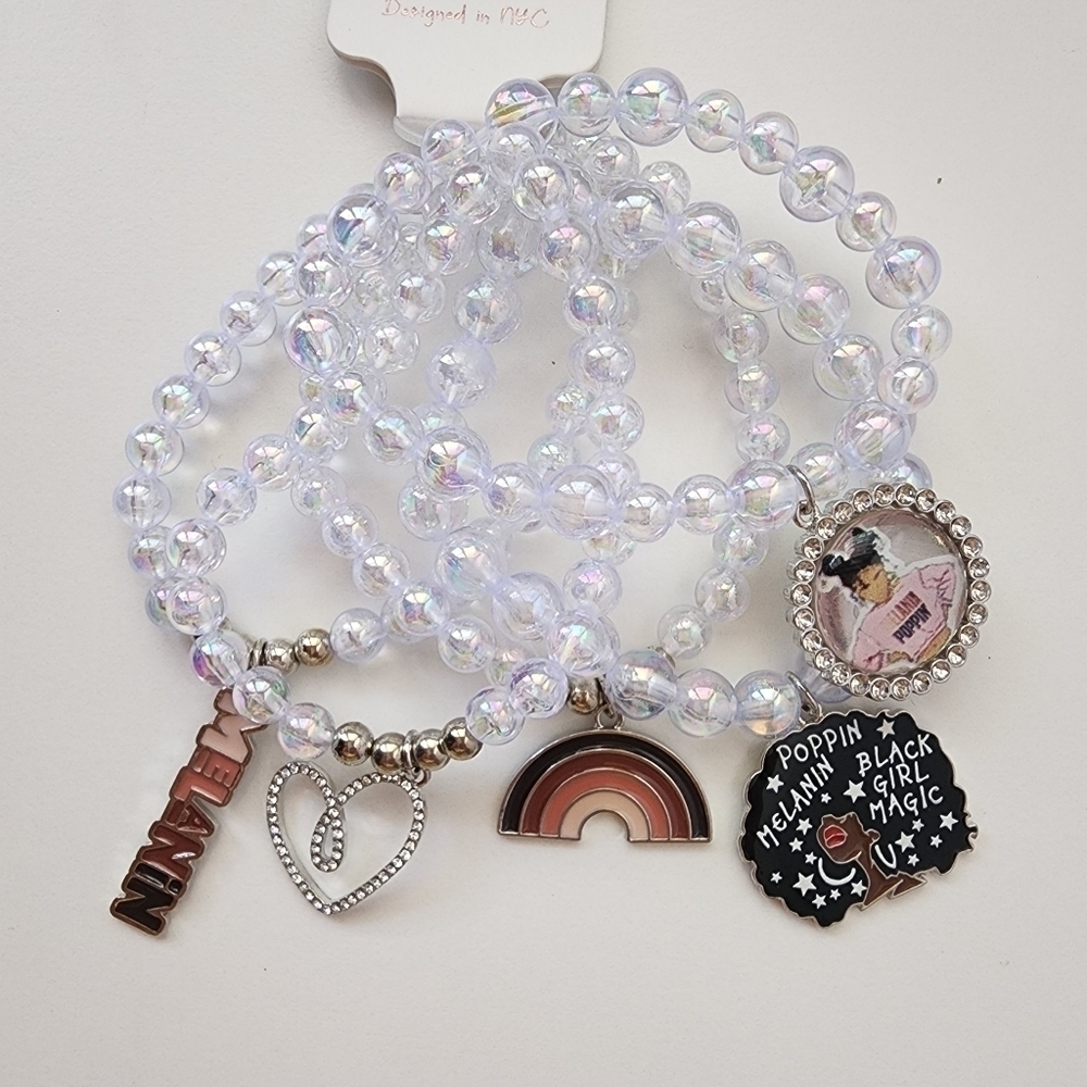 NWT Black Girl Melanin Afro Rainbow Heart AB Iridescent Ball Charm Bracelet Set